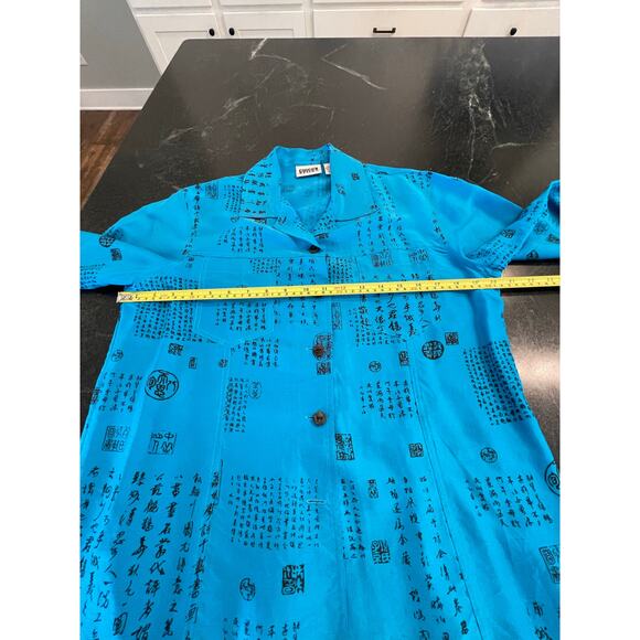 Chico's Design teal blue 100% Silk button up with Asian print 8 or Chicos 1 - Picture 8 of 12
